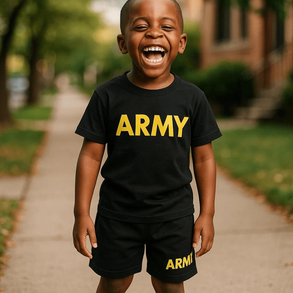 Trooper Clothing Youth Army PT T-Shirt & Shorts Set – Black/Yellow