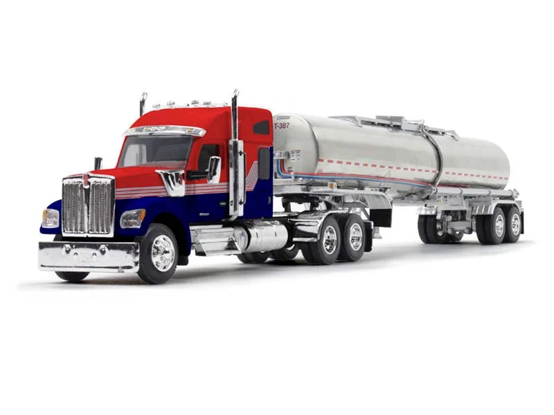 Kenworth W990 with 76in Mid-Roof Sleeper & Brenner Chemical Tank Trailer - Red/Navy Blue 1:64 - DCP 60-1731