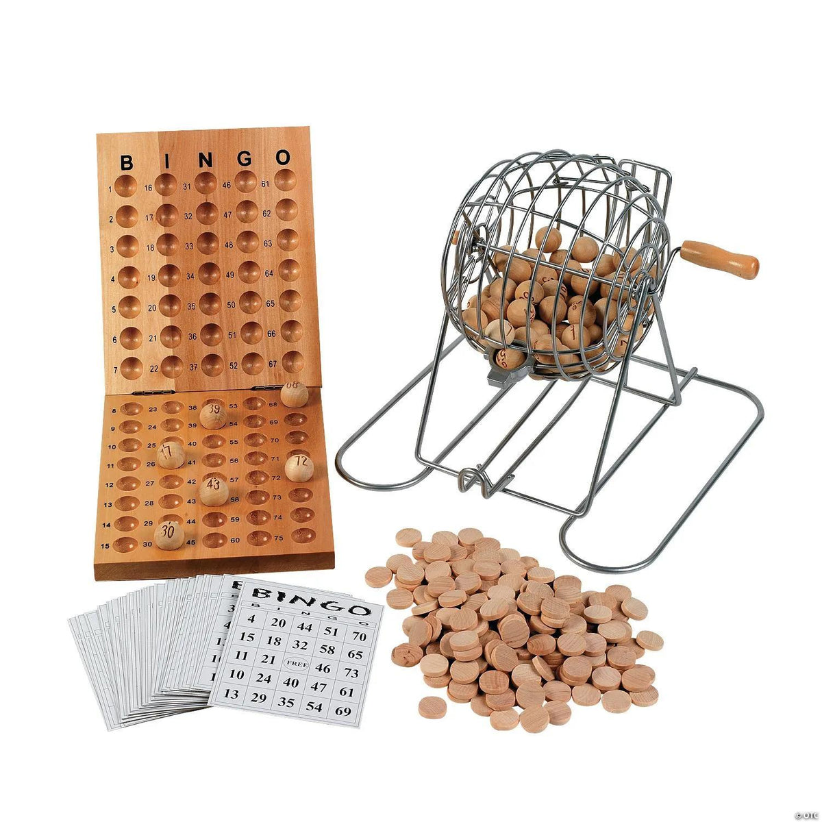 Deluxe Bingo Game Set with Rotary Metal Cage, Master Board, Wooden Balls & Chips