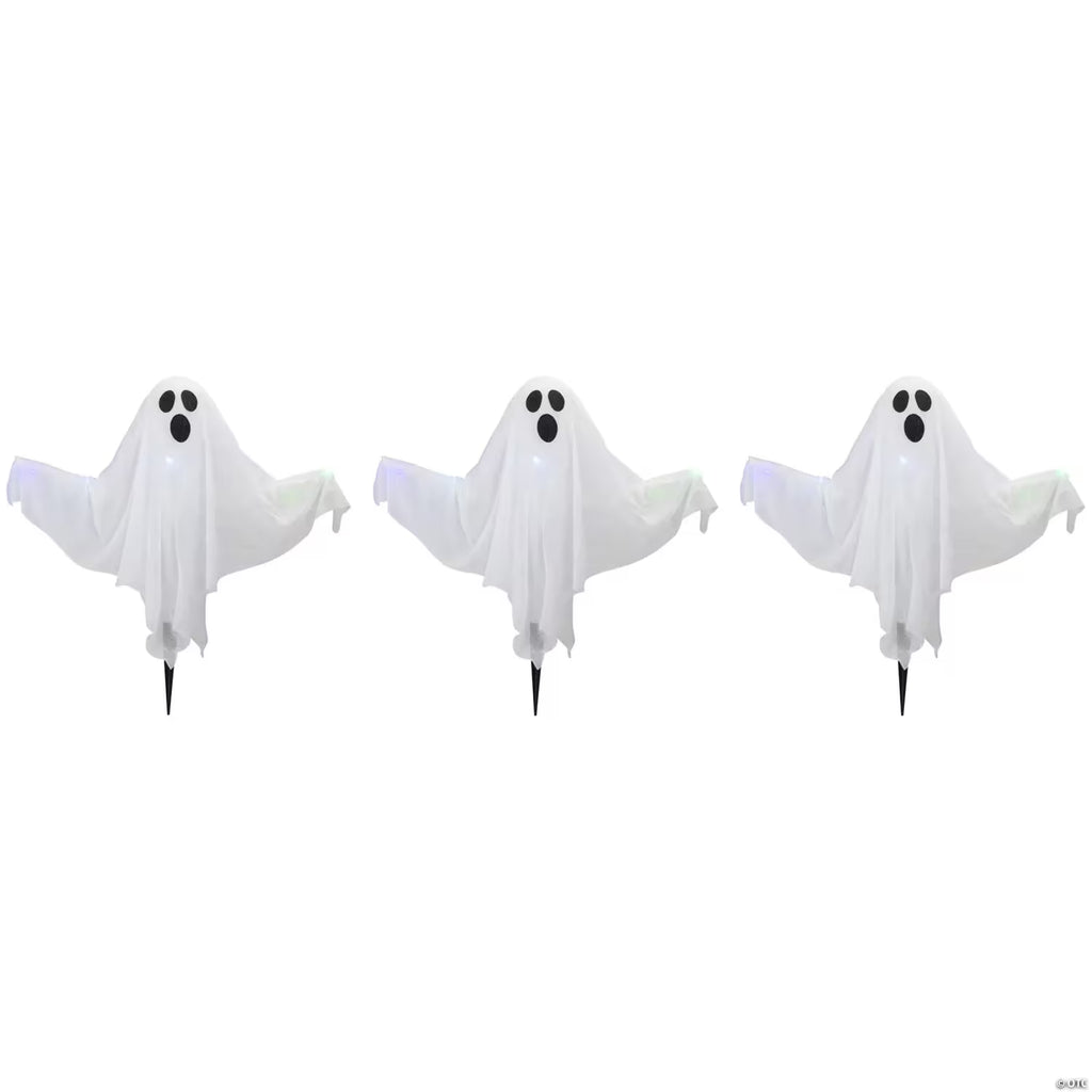 Set of 3 Lighted White Ghost Halloween Lawn Stakes