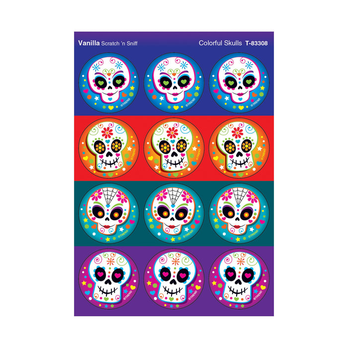 Colorful Skulls, Vanilla scent Scratch 'n Sniff Stinky Stickers® – Large Round product image
